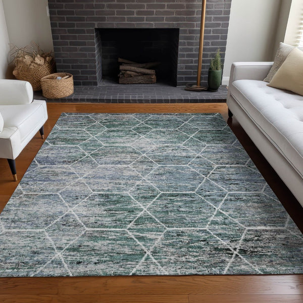 HomeRoots 9' Teal Blue, Gray & Ivory Geometric Rug - Washable Indoor/Outdoor, Stain-Resistant, Durable Style 618911