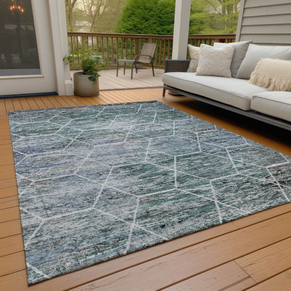 HomeRoots 9' Teal Blue, Gray & Ivory Geometric Rug - Washable Indoor/Outdoor, Stain-Resistant, Durable Style 618911
