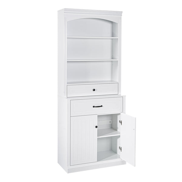 English Elm White Bathroom Storage Cabinet with Zinc Knob Doors, 4 Drawers, 6 Open Shelves & Adjustable Tiers for Organized Space (63"x10.8"x78.7") N725S252486K