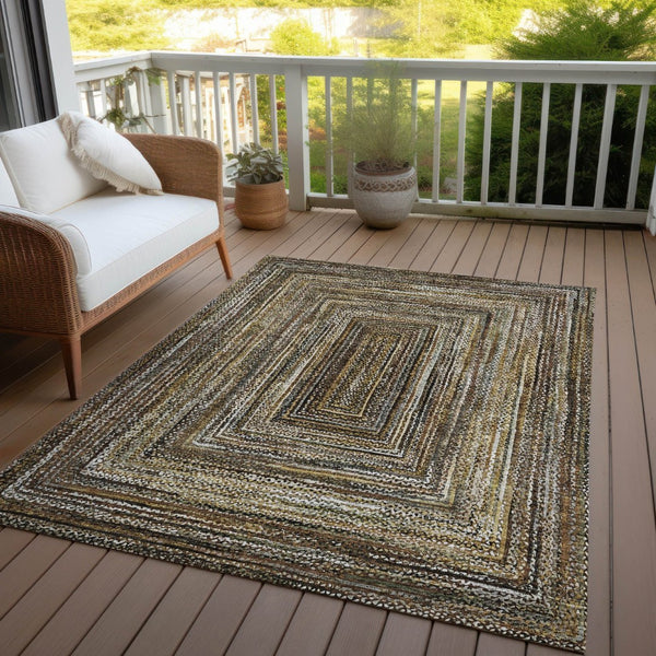 HomeRoots 5' X 8' Washable Indoor Outdoor Rug - Stylish Brown Taupe Ivory Geometric Design for High-Traffic Areas 618914