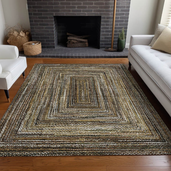 HomeRoots 5' X 8' Washable Indoor Outdoor Rug - Stylish Brown Taupe Ivory Geometric Design for High-Traffic Areas 618914