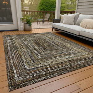 HomeRoots 5' X 8' Washable Indoor Outdoor Rug - Stylish Brown Taupe Ivory Geometric Design for High-Traffic Areas 618914