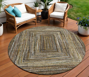HomeRoots 8' Round Geometric Area Rug in Brown Taupe & Ivory - Stylish, Washable for Indoor & Outdoor Use 618915