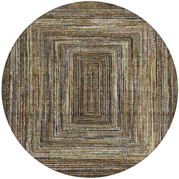 HomeRoots 8' Round Geometric Area Rug in Brown Taupe & Ivory - Stylish, Washable for Indoor & Outdoor Use 618915