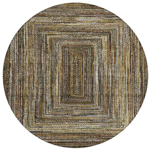HomeRoots 8' Round Geometric Area Rug in Brown Taupe & Ivory - Stylish, Washable for Indoor & Outdoor Use 618915