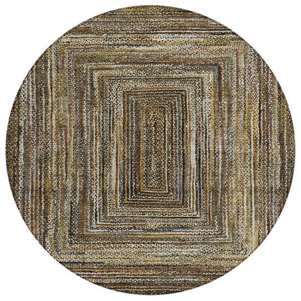 HomeRoots 8' Round Geometric Area Rug in Brown Taupe & Ivory - Stylish, Washable for Indoor & Outdoor Use 618915