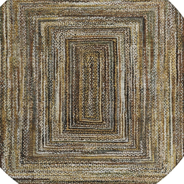 HomeRoots 8' Round Geometric Area Rug in Brown Taupe & Ivory - Stylish, Washable for Indoor & Outdoor Use 618915