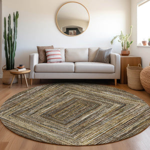 HomeRoots 8' Round Geometric Area Rug in Brown Taupe & Ivory - Stylish, Washable for Indoor & Outdoor Use 618915