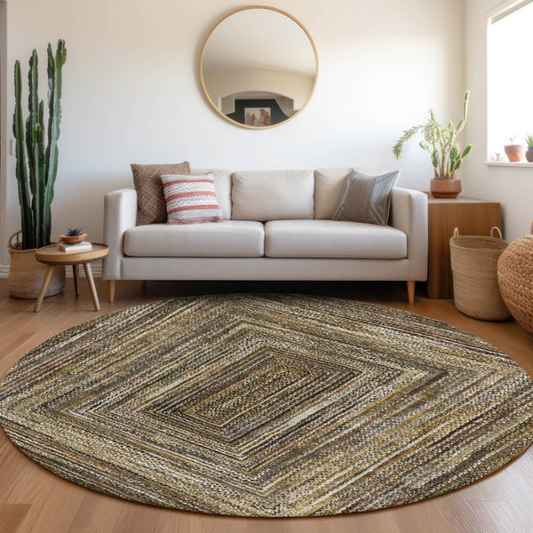 HomeRoots 8' Round Geometric Area Rug in Brown Taupe & Ivory - Stylish, Washable for Indoor & Outdoor Use 618915
