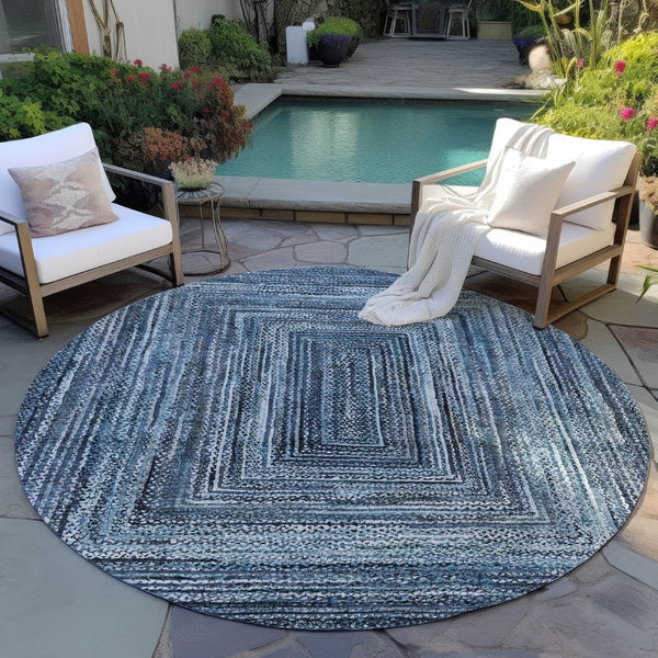 HomeRoots 8' Stylish Geometric Area Rug in Navy Blue & Ivory - Washable, Durable for Indoor & Outdoor Use! 618921