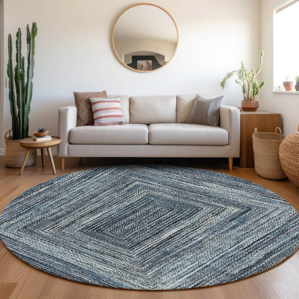 HomeRoots 8' Stylish Geometric Area Rug in Navy Blue & Ivory - Washable, Durable for Indoor & Outdoor Use! 618921