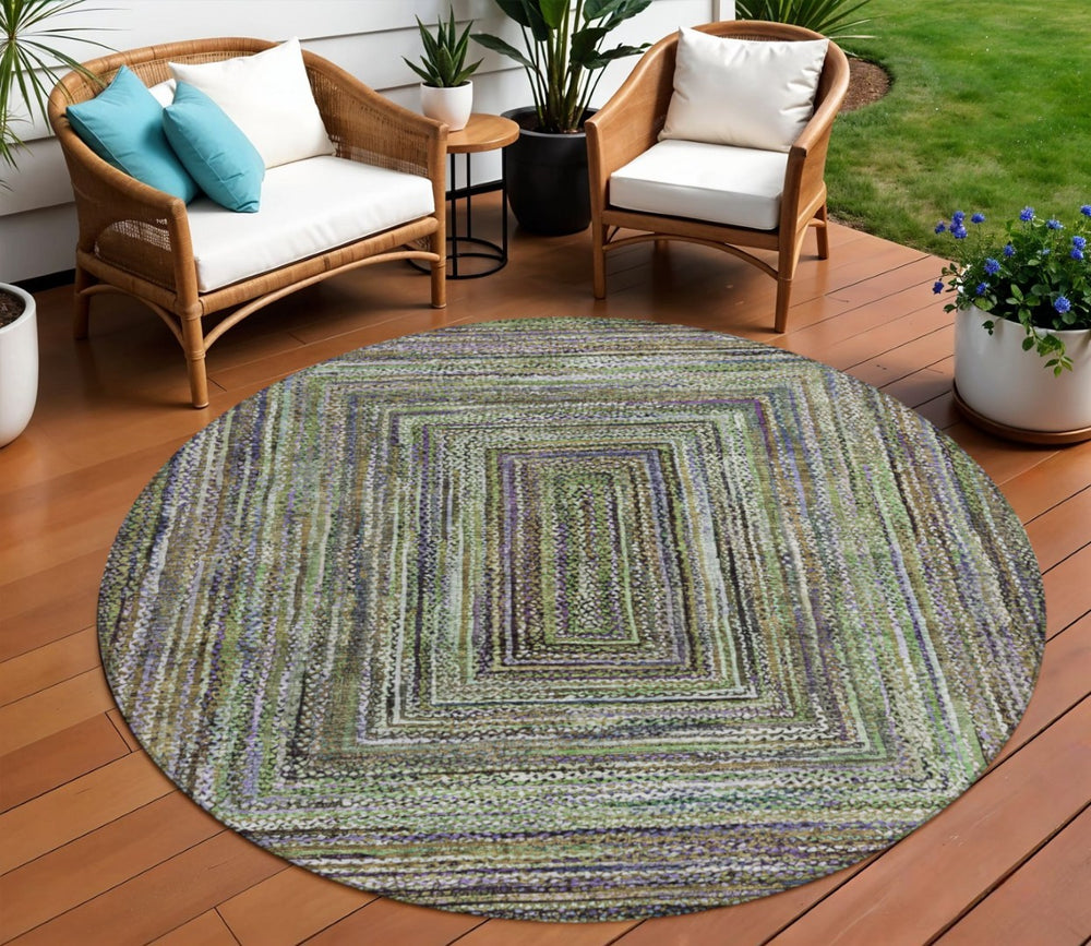 HomeRoots 8' Modern Round Geometric Area Rug in Olive Green, Lavender & Fern - Washable & Versatile Design 618927
