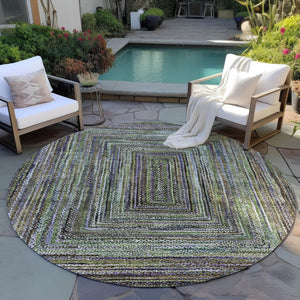 HomeRoots 8' Modern Round Geometric Area Rug in Olive Green, Lavender & Fern - Washable & Versatile Design 618927