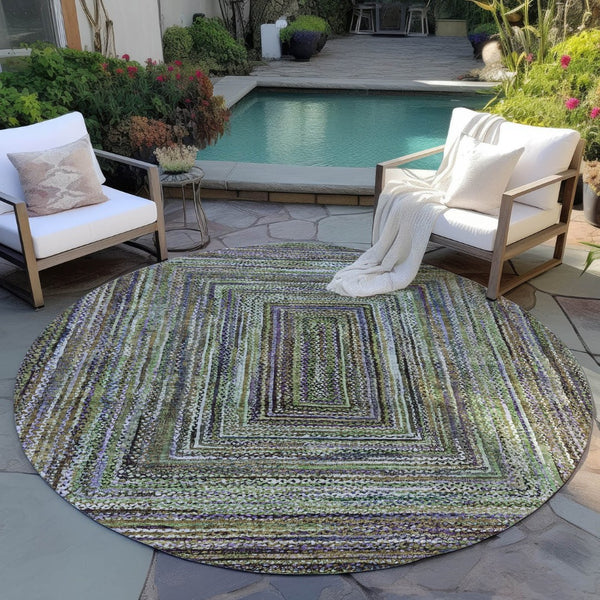 HomeRoots 8' Modern Round Geometric Area Rug in Olive Green, Lavender & Fern - Washable & Versatile Design 618927