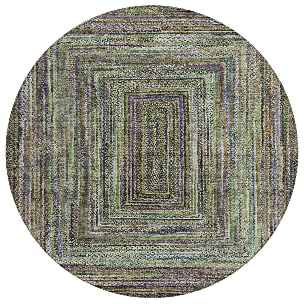 HomeRoots 8' Modern Round Geometric Area Rug in Olive Green, Lavender & Fern - Washable & Versatile Design 618927