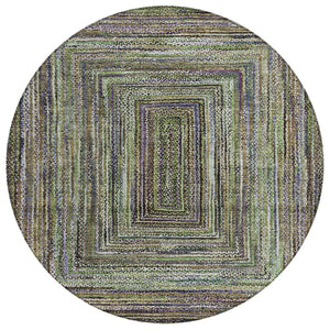 HomeRoots 8' Modern Round Geometric Area Rug in Olive Green, Lavender & Fern - Washable & Versatile Design 618927