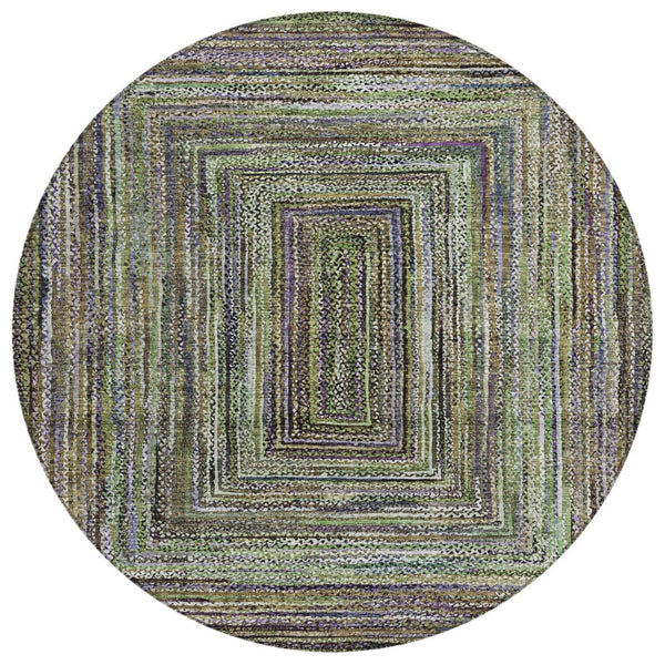 HomeRoots 8' Modern Round Geometric Area Rug in Olive Green, Lavender & Fern - Washable & Versatile Design 618927