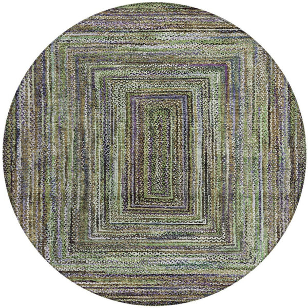 HomeRoots 8' Modern Round Geometric Area Rug in Olive Green, Lavender & Fern - Washable & Versatile Design 618927