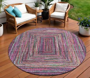 HomeRoots 8' Stylish Pink, Mauve & Teal Blue Round Geometric Washable Rug for Indoor/Outdoor Spaces, Durable & Chic 618933