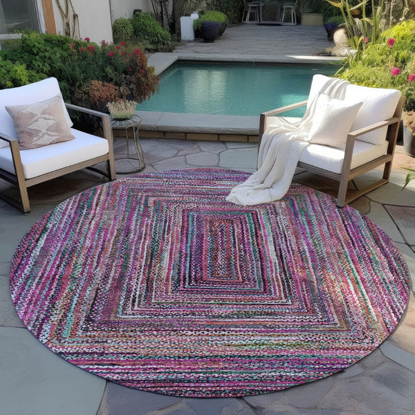 HomeRoots 8' Stylish Pink, Mauve & Teal Blue Round Geometric Washable Rug for Indoor/Outdoor Spaces, Durable & Chic 618933