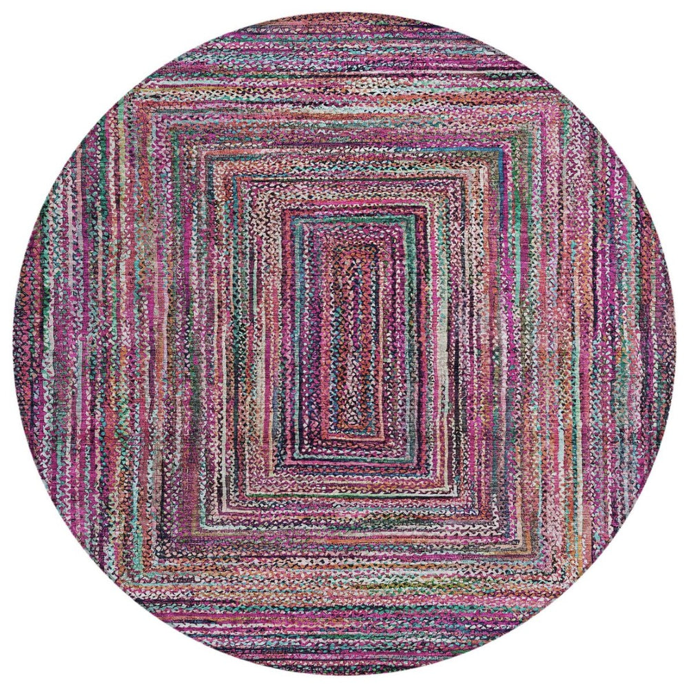 HomeRoots 8' Stylish Pink, Mauve & Teal Blue Round Geometric Washable Rug for Indoor/Outdoor Spaces, Durable & Chic 618933