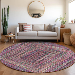 HomeRoots 8' Stylish Pink, Mauve & Teal Blue Round Geometric Washable Rug for Indoor/Outdoor Spaces, Durable & Chic 618933