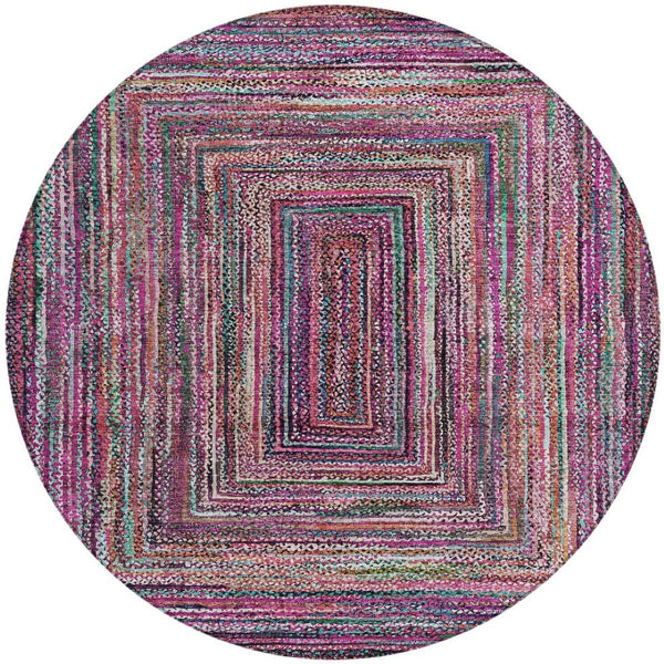 HomeRoots 8' Stylish Pink, Mauve & Teal Blue Round Geometric Washable Rug for Indoor/Outdoor Spaces, Durable & Chic 618933