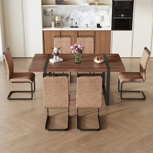 English Elm Table With 6 Industrial Style Brown Techno-Fabric Chairs - Walnut Rectangular Dining Set, 71"X39.3" W1151S02439-GIGA