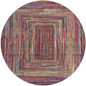 HomeRoots 8' Rust Blue and Gold Round Area Rug - Durable, Washable, Modern Geometric Design for Indoors & Outdoors 618939
