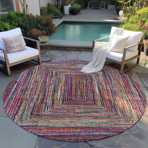 HomeRoots 8' Rust Blue and Gold Round Area Rug - Durable, Washable, Modern Geometric Design for Indoors & Outdoors 618939