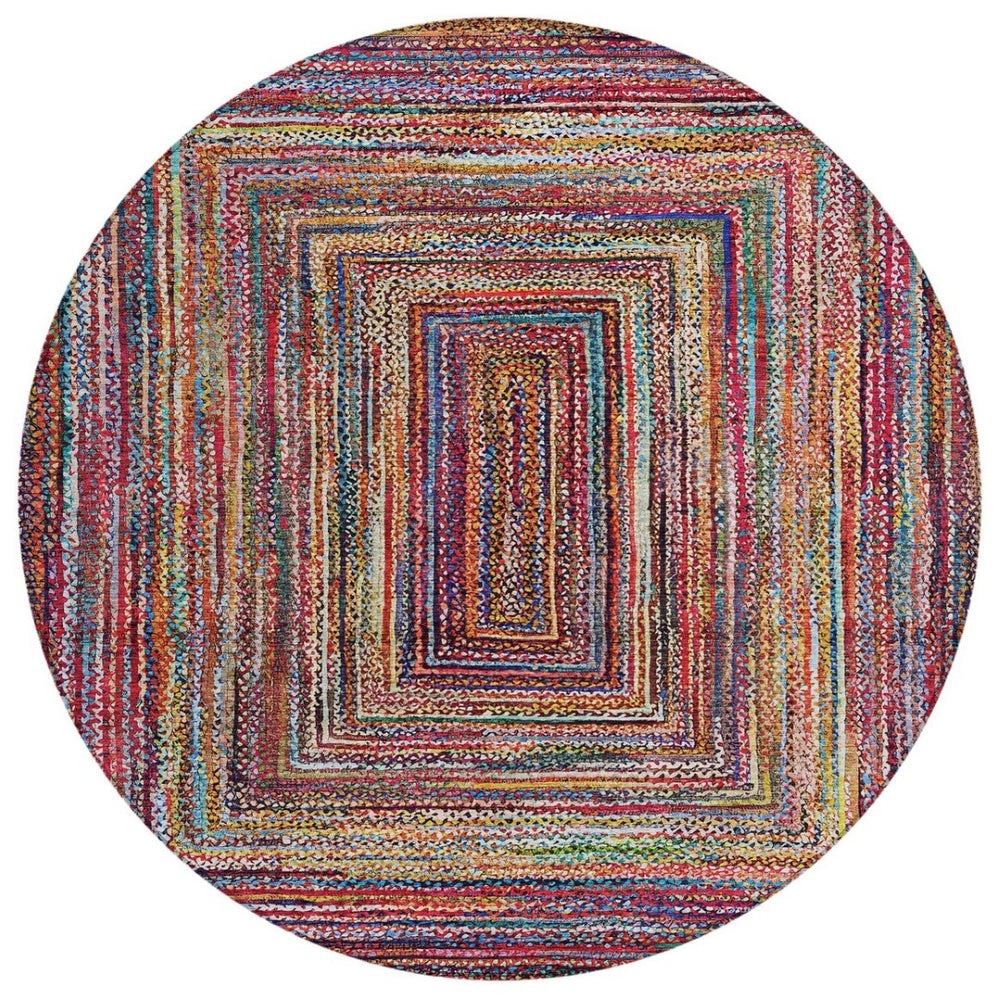 HomeRoots 8' Rust Blue and Gold Round Area Rug - Durable, Washable, Modern Geometric Design for Indoors & Outdoors 618939