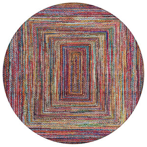 HomeRoots 8' Rust Blue and Gold Round Area Rug - Durable, Washable, Modern Geometric Design for Indoors & Outdoors 618939