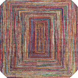HomeRoots 8' Rust Blue and Gold Round Area Rug - Durable, Washable, Modern Geometric Design for Indoors & Outdoors 618939
