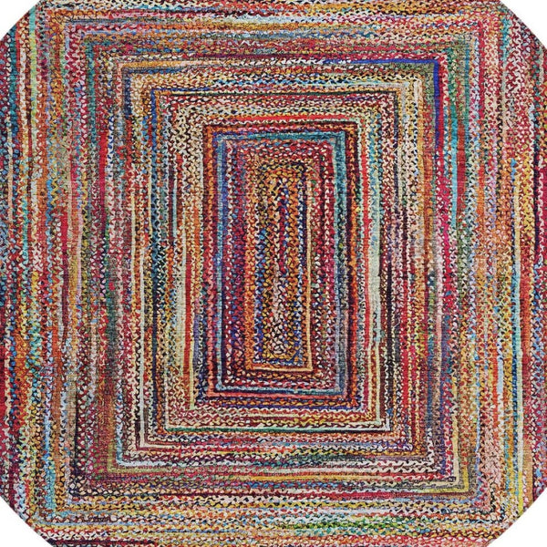 HomeRoots 8' Rust Blue and Gold Round Area Rug - Durable, Washable, Modern Geometric Design for Indoors & Outdoors 618939