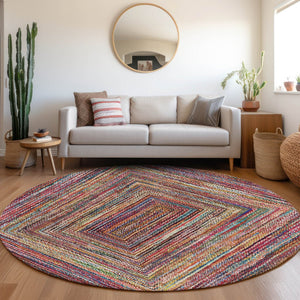 HomeRoots 8' Rust Blue and Gold Round Area Rug - Durable, Washable, Modern Geometric Design for Indoors & Outdoors 618939