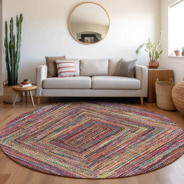 HomeRoots 8' Rust Blue and Gold Round Area Rug - Durable, Washable, Modern Geometric Design for Indoors & Outdoors 618939