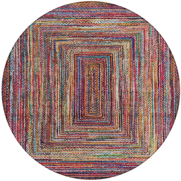 HomeRoots 8' Rust Blue and Gold Round Area Rug - Durable, Washable, Modern Geometric Design for Indoors & Outdoors 618939