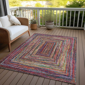 HomeRoots 8' X 10' Vibrant Rust Blue and Gold Geometric Area Rug – Durable, Washable, Indoor/Outdoor Use! 618940