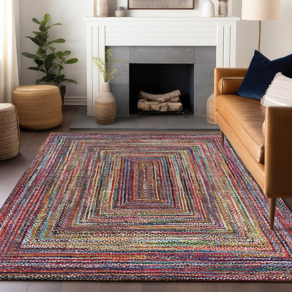 HomeRoots 8' X 10' Vibrant Rust Blue and Gold Geometric Area Rug – Durable, Washable, Indoor/Outdoor Use! 618940