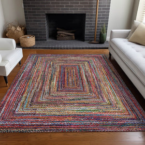 HomeRoots 8' X 10' Vibrant Rust Blue and Gold Geometric Area Rug – Durable, Washable, Indoor/Outdoor Use! 618940