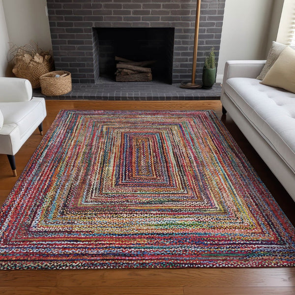 HomeRoots 8' X 10' Vibrant Rust Blue and Gold Geometric Area Rug – Durable, Washable, Indoor/Outdoor Use! 618940