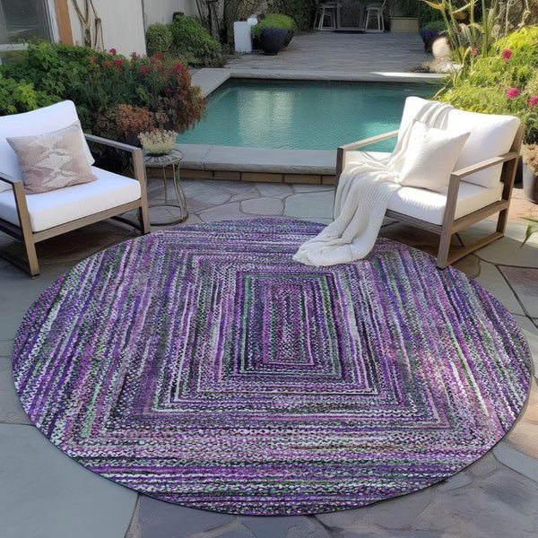 HomeRoots 8' Round Geometric Washable Area Rug in Purple, Lavender & Gray for Indoor/Outdoor Style & Durability 618945