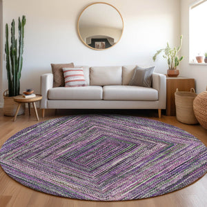 HomeRoots 8' Round Geometric Washable Area Rug in Purple, Lavender & Gray for Indoor/Outdoor Style & Durability 618945