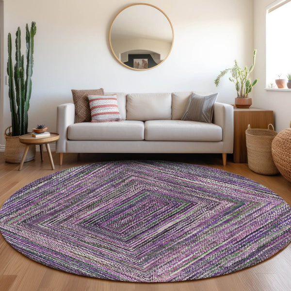 HomeRoots 8' Round Geometric Washable Area Rug in Purple, Lavender & Gray for Indoor/Outdoor Style & Durability 618945