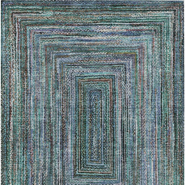 HomeRoots 5' Teal Blue Brown Ivory Geometric Indoor Outdoor Area Rug - Stylish, Washable & Durable Design! 618950