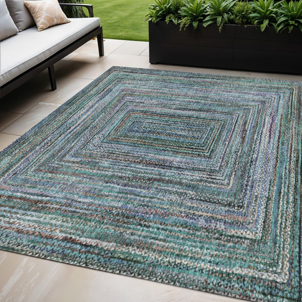 HomeRoots 5' Teal Blue Brown Ivory Geometric Indoor Outdoor Area Rug - Stylish, Washable & Durable Design! 618950