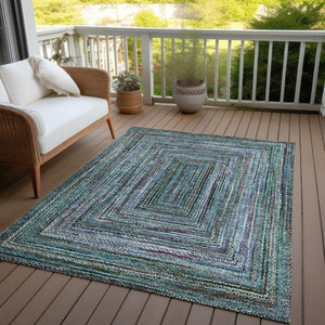 HomeRoots 5' Teal Blue Brown Ivory Geometric Indoor Outdoor Area Rug - Stylish, Washable & Durable Design! 618950