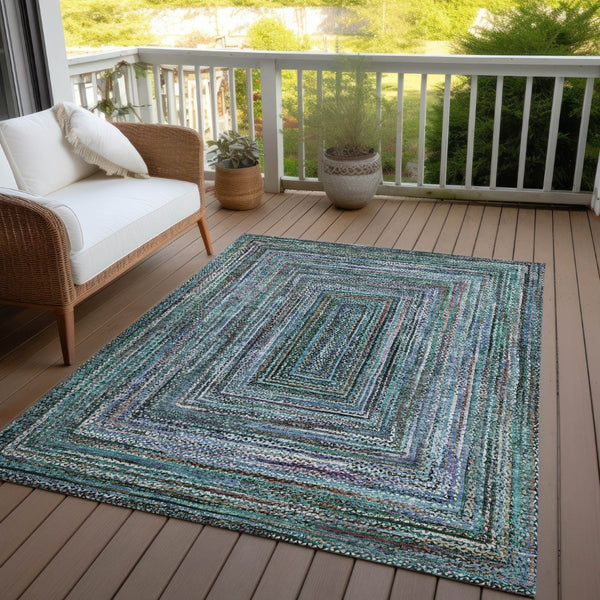 HomeRoots 5' Teal Blue Brown Ivory Geometric Indoor Outdoor Area Rug - Stylish, Washable & Durable Design! 618950