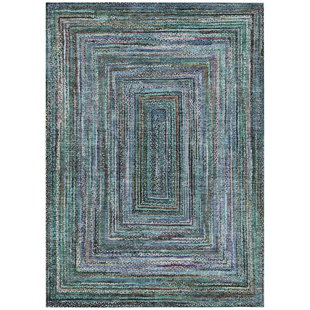 HomeRoots 5' Teal Blue Brown Ivory Geometric Indoor Outdoor Area Rug - Stylish, Washable & Durable Design! 618950