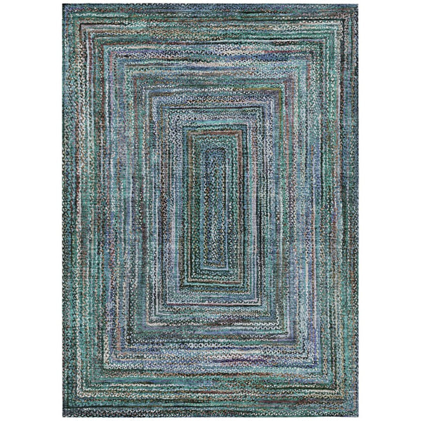 HomeRoots 5' Teal Blue Brown Ivory Geometric Indoor Outdoor Area Rug - Stylish, Washable & Durable Design! 618950